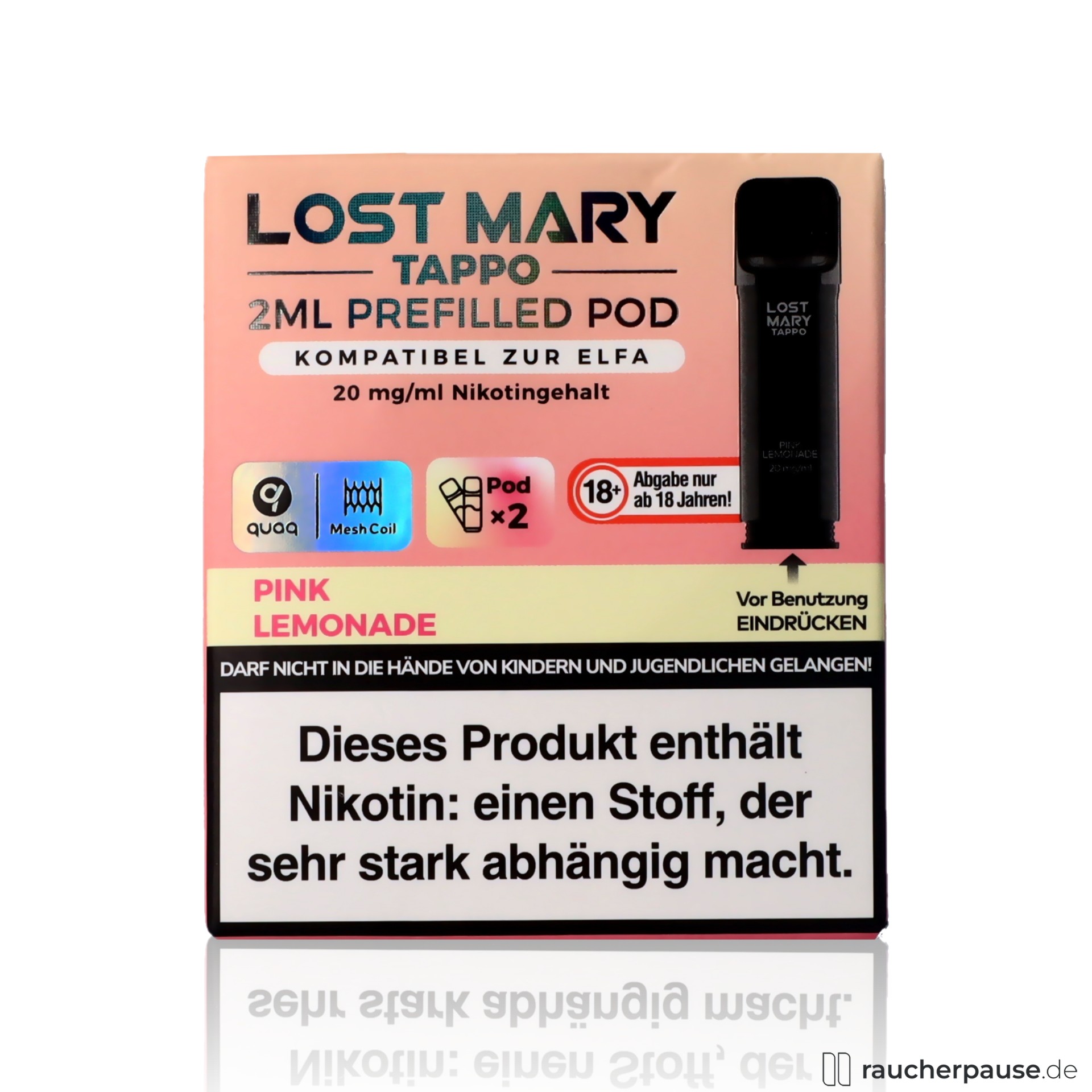 Lost Mary Tappo Pods | Pink Lemonade 20mg/ml | 2x2ml vorgefüllt | QUAQ Mesh Coil 1,2 Ohm lost mary, lost mary tappo pink lemonade prefilled pods quaq mesh coil ohm fruchtig suesse grapefruit limonade , packshot hinterseite