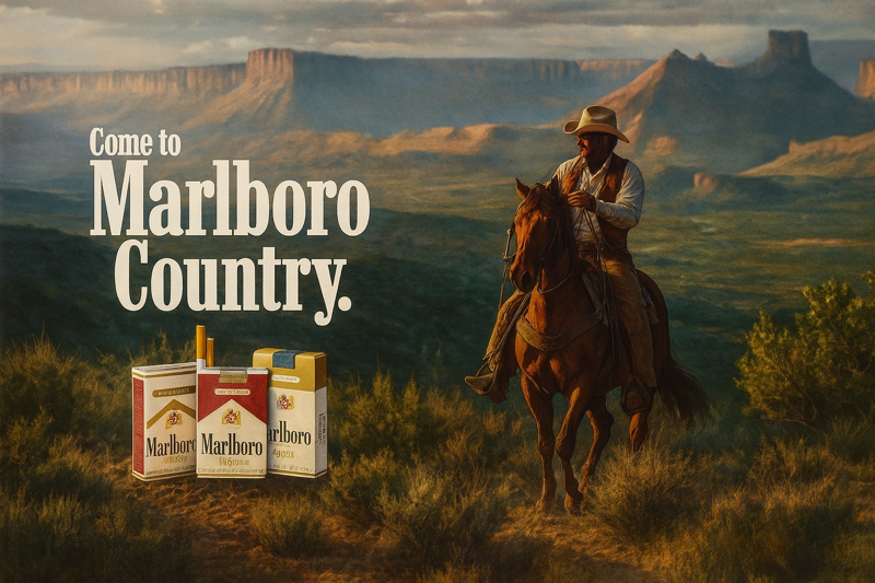 Marlboro Zigaretten Werbung, Mann auf Pferd durch die Berge mit Slogan "Come to Marlboro Country"