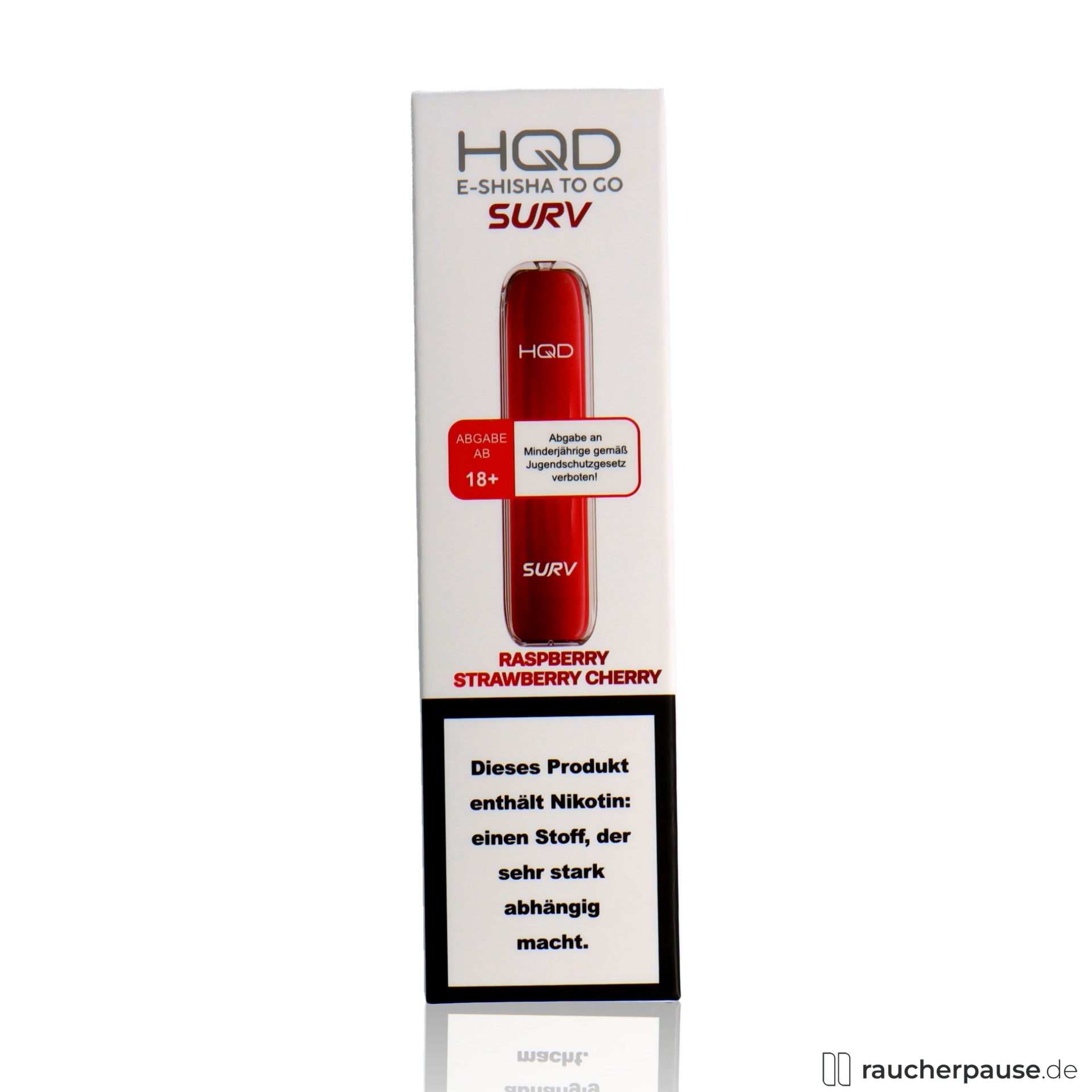 HQD Surv Einweg E-Shisha | Raspberry Strawberry Cherry | 18 mg/ml Nikotin | 600 Züge hqd, hqd surv einweg e shisha raspberry strawberry cherry ml nikotin zuege , packshot seitlich