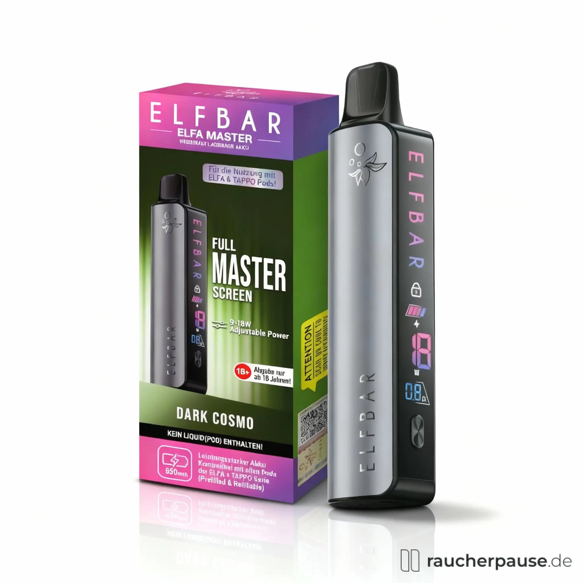 ELFBAR ELFA Master 850 mAh Akku in Dark Cosmo Grau, verpackt in einer quadratischen Box mit grünem und rosa Design und weißem Logo auf grünem Hintergrund.