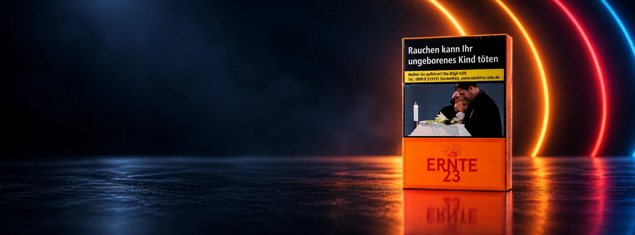 Ernte 23 Zigarettenpackung vor einem markentypischen Banner-Hintergrund