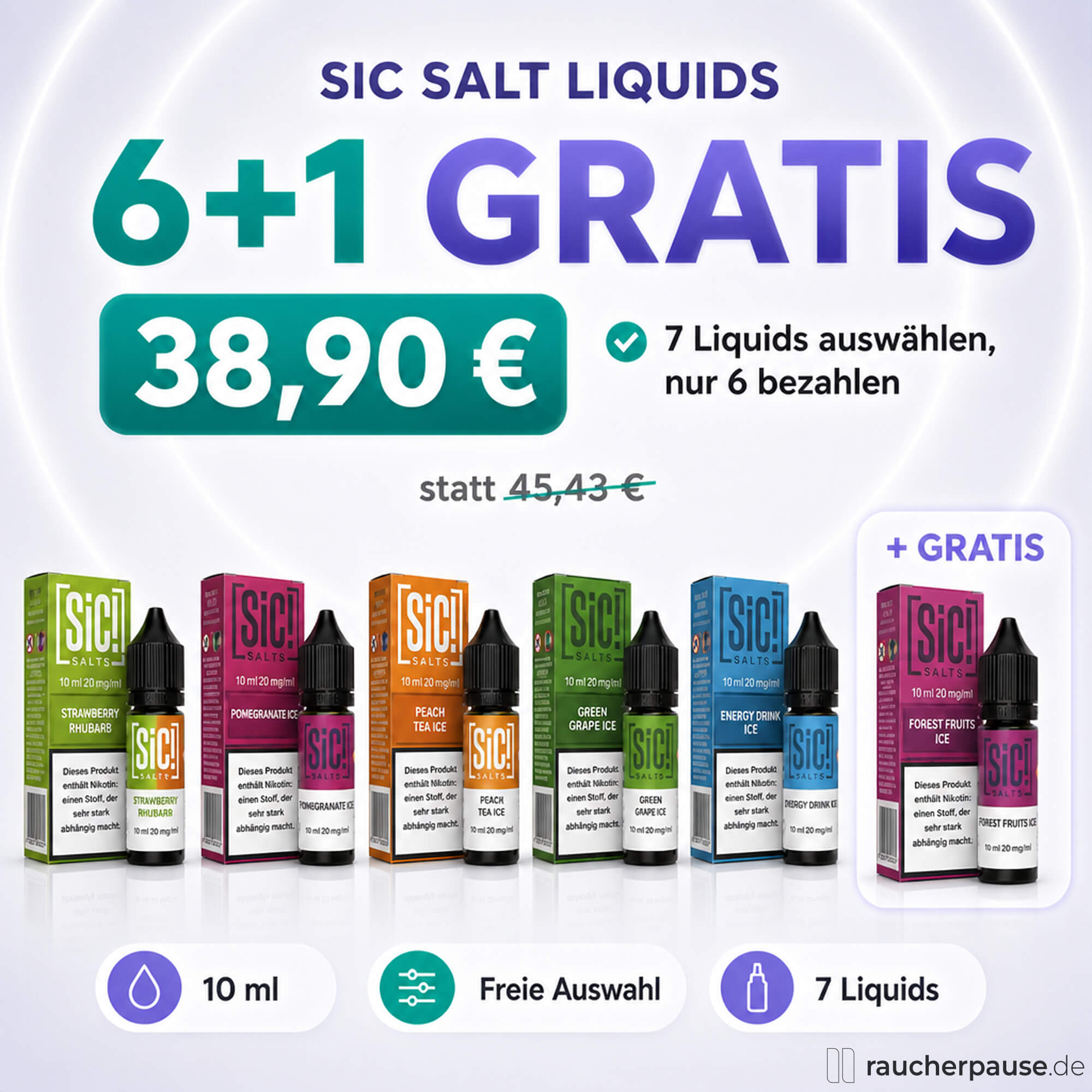 💥AKTION💥 6 + 1 Gratis Sic! Liquids Vorratsangebot: Grüne, rote, orange, blaue und violette Flaschen mit 10 ml Liquid und 20 mg/ml Nikotin in einer Box.