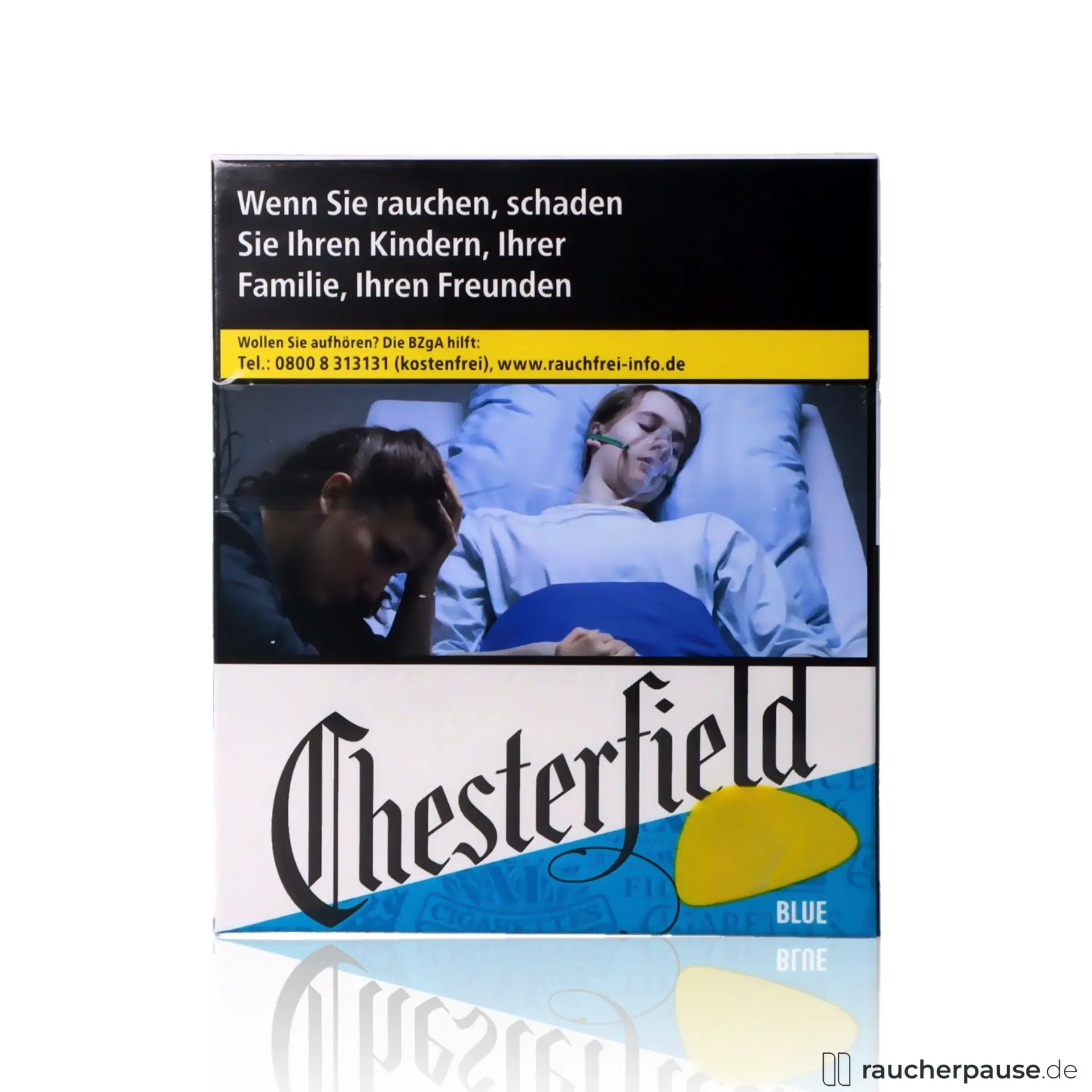 Chesterfield Blue 4XL Zigaretten, 38 Stk. pro Packung, King Size Format in quadratischer blau-gelber Verpackung mit stilisiertem Logo und gelbem Blatt.