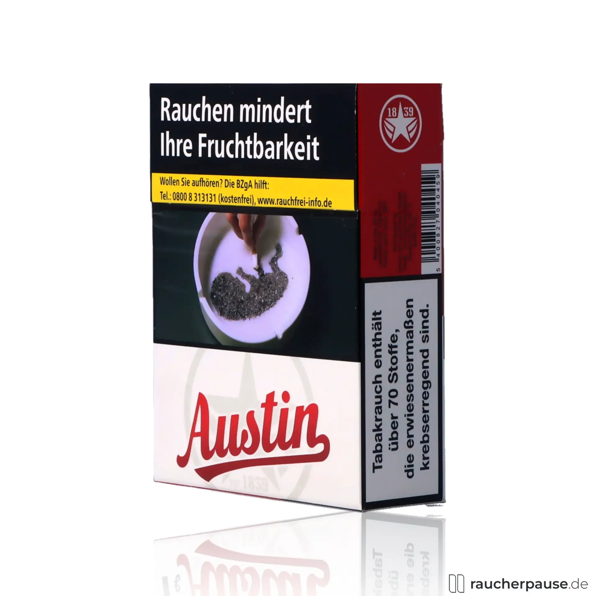 Austin Red Zigaretten XL, 24 Stk. pro Packung, quadratische Box in Rot und Schwarz mit weißem Stern-Logo im klassischen Stil.