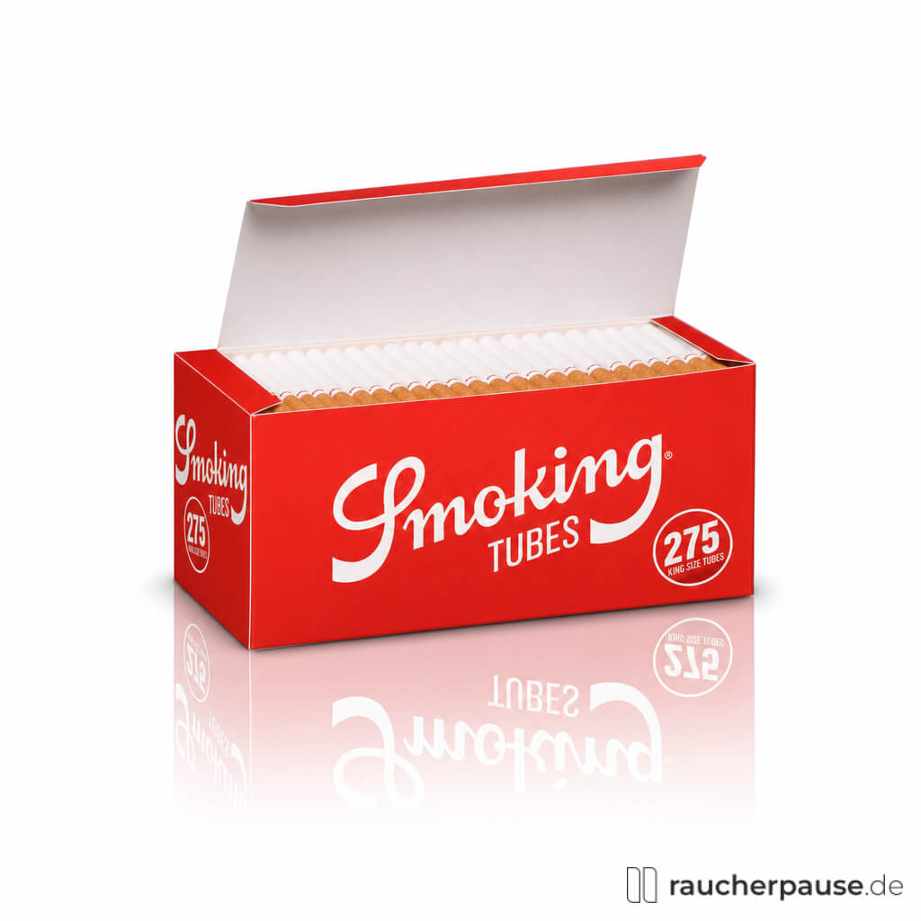 Offene rote Box mit 275 King Size Smoking Filterhülsen und weißem Smoking-Logo.