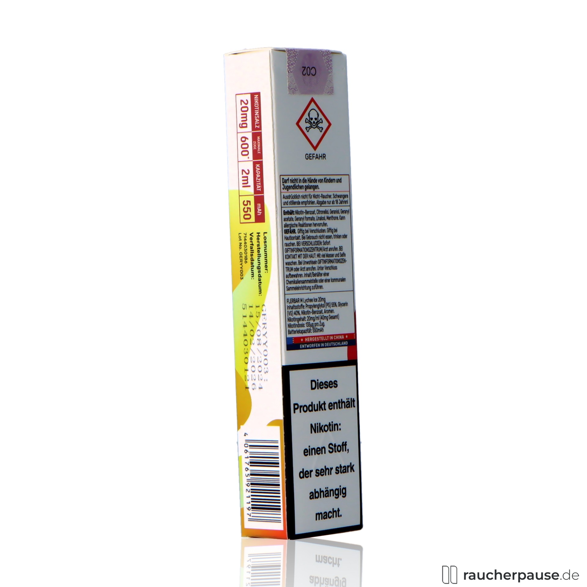 flerbar, flerbar einweg vape lychee ice zuege ml nikotin litschi ice , packshot hinterseite