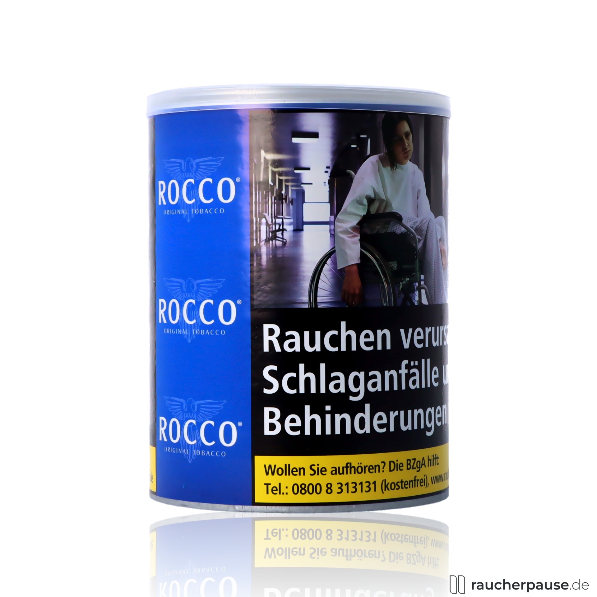 rocco original zigarettentabak halfzware feinschnitt dose preisguenstig mittelstark , packshot hinterseite