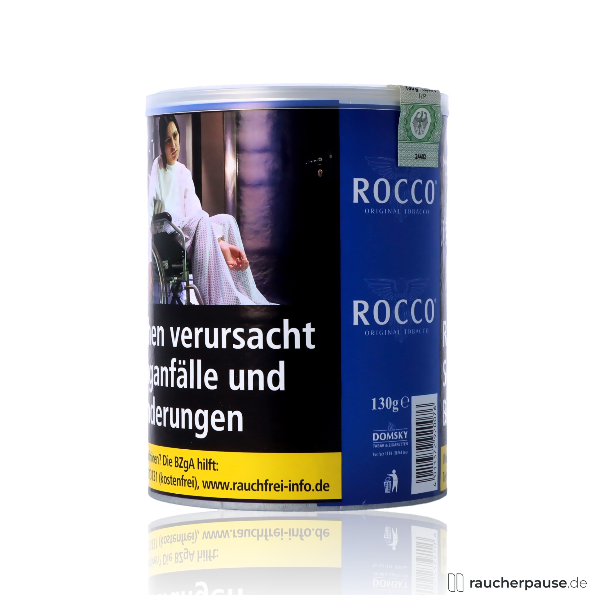 rocco original zigarettentabak halfzware feinschnitt dose preisguenstig mittelstark , packshot seitlich