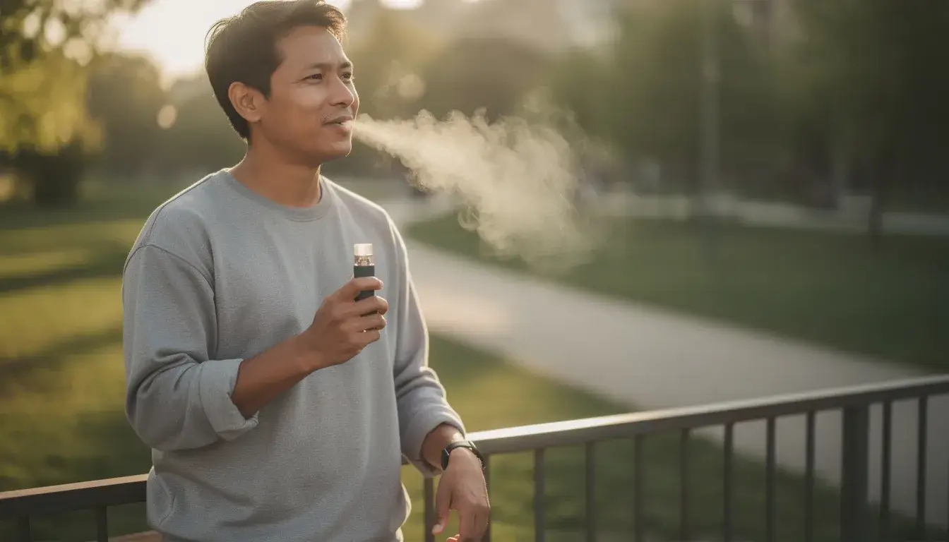 Person hält eine Mehrweg Vape in der Hand und pustet den Rauch aus. Im Hintergrund ist ein Park zu sehen