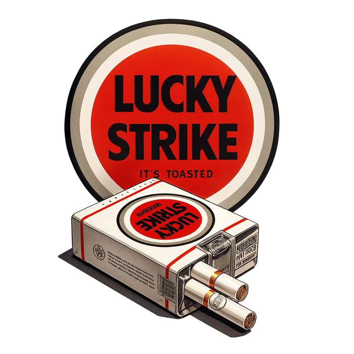 Lucky Strike Karikatur: Logo mit offener Zigarettenpackung im Vordergrund