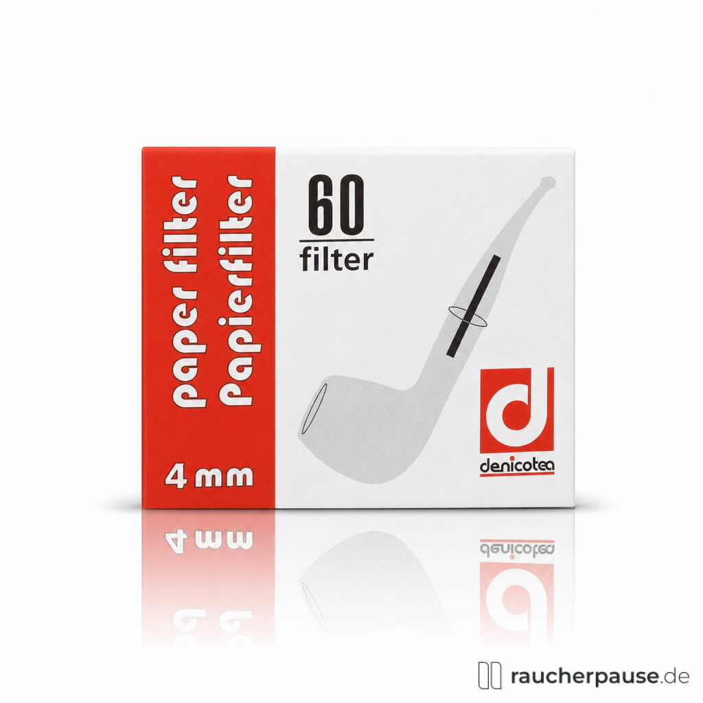 Denicotea Papierfilter 4 mm, 60 Stück, in roter und weißer quadratischer Box mit Logo und Aufschrift '60 filter' und '4 mm' auf weißem Hintergrund.