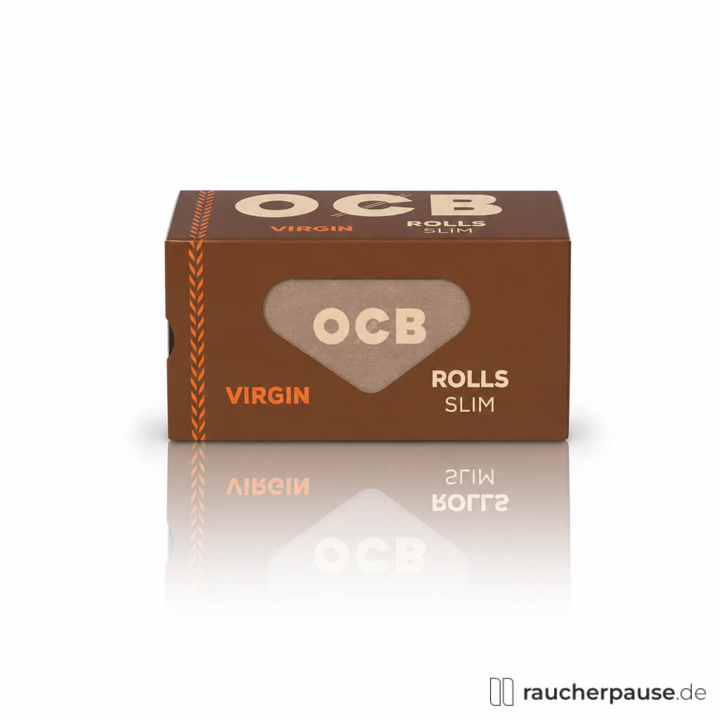 OCB Virgin Unbleached Rolls Drehpapier in brauner Box mit transparenter Vorderseite, weißem Logo auf herzförmigem Hintergrund und orangefarbenem Randstreifen.