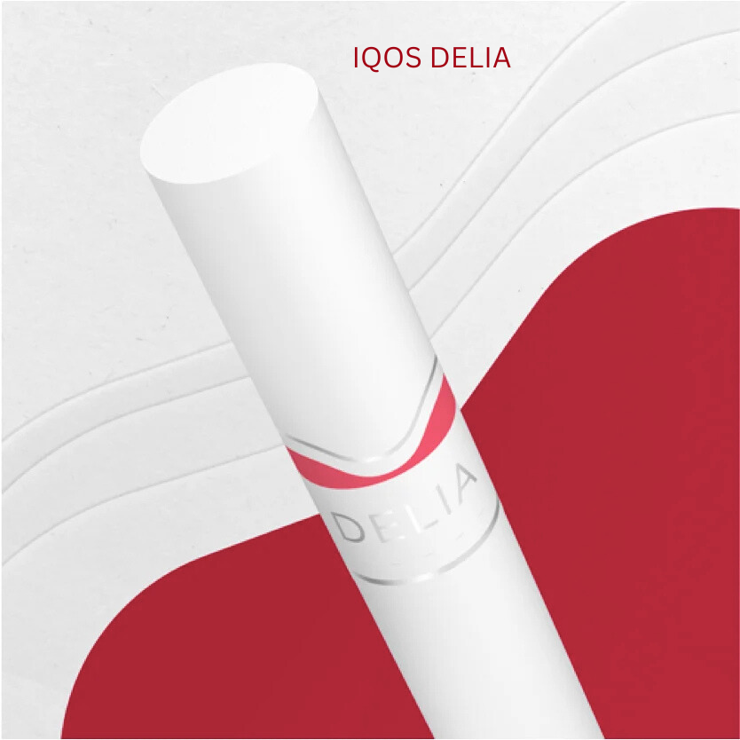 IQOS Delia Zigarettenstick visual, zeigt den Filter und das Logo