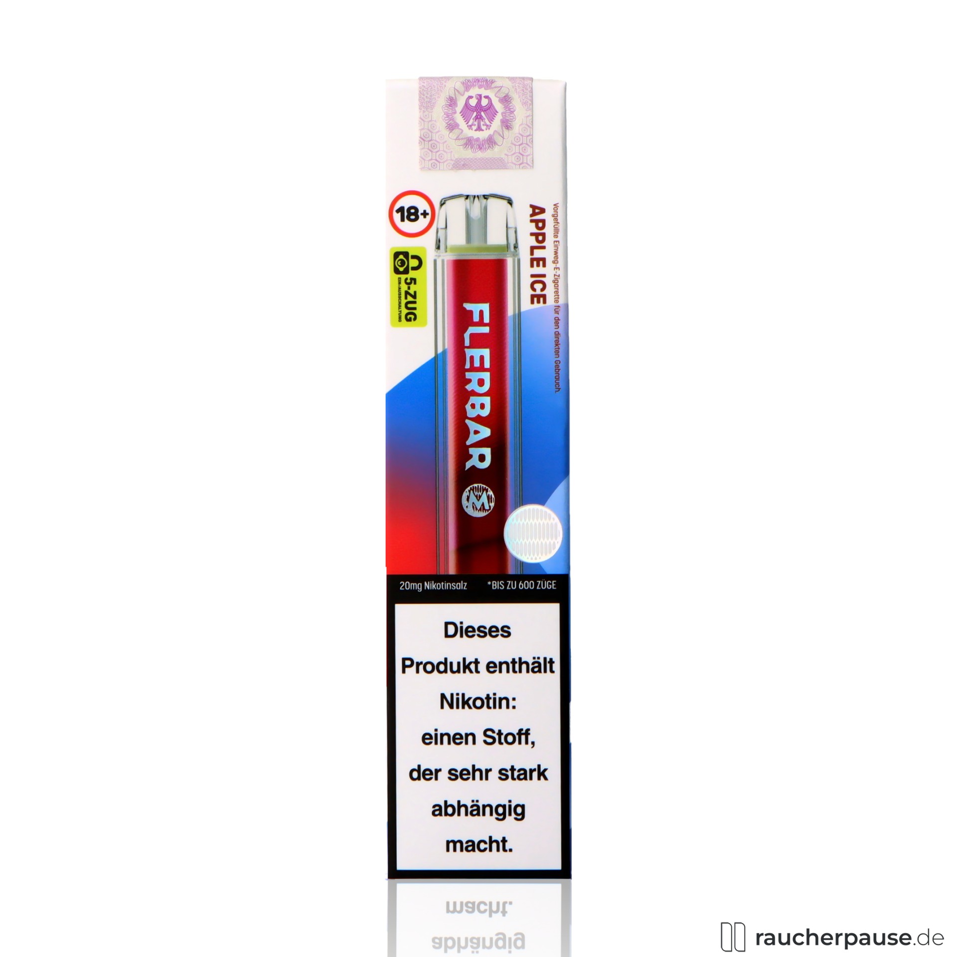 Flerbar Einweg Vape | Apple Ice | 600 Züge | 20 mg/ml Nikotin | Apfel & Ice flerbar, flerbar einweg vape apple ice zuege ml nikotin apfel ice, packshot hinterseite