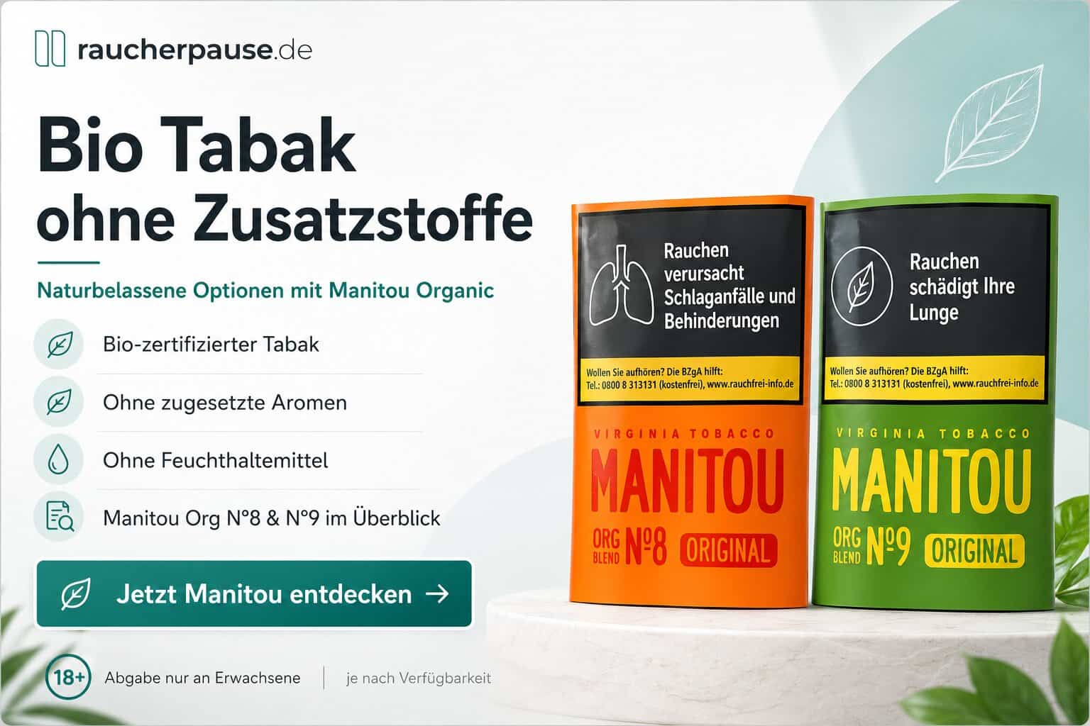 Bio Tabak ohne Zusatzstoffe mit Manitou Organic No. 8 und No. 9