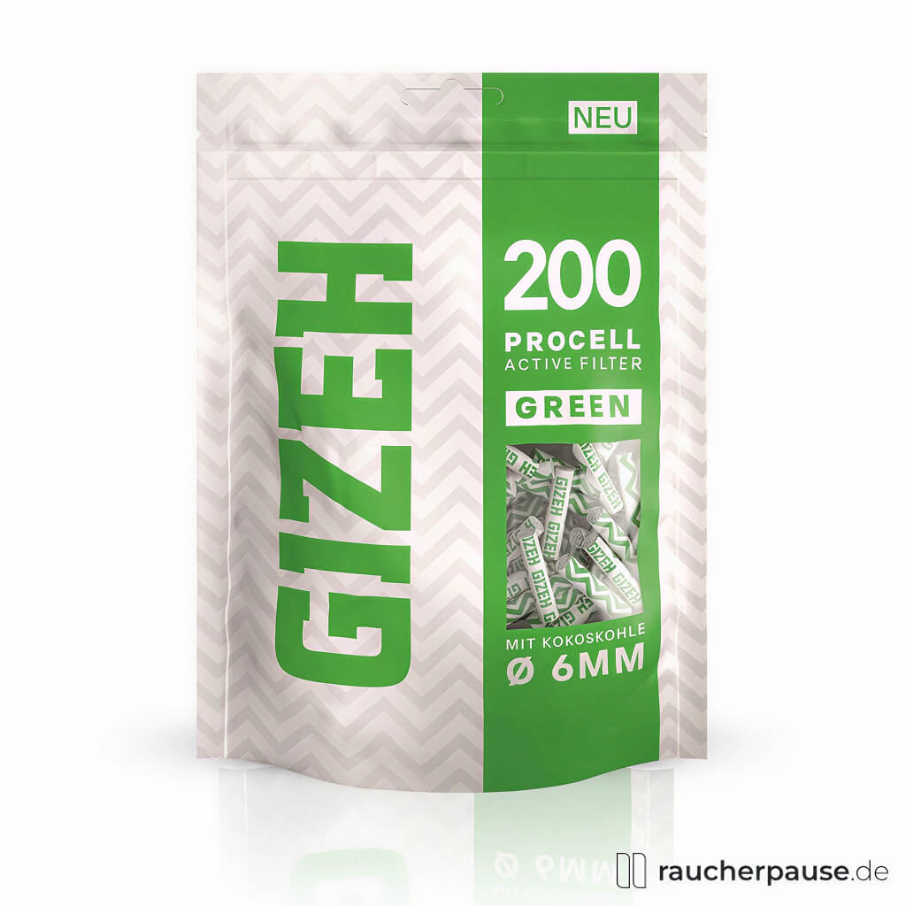 Gizeh ProCell Active Filter Green 6 mm in moderner Beutelverpackung mit weißen Hintergrund und grünem Streifen, enthaltend 200 Stück.