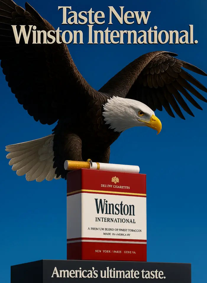 Winston International Zigarettenschachtel mit Adler, Werbung für American Blend, betont Qualität und Herkunft, vor blauem Hintergrund.