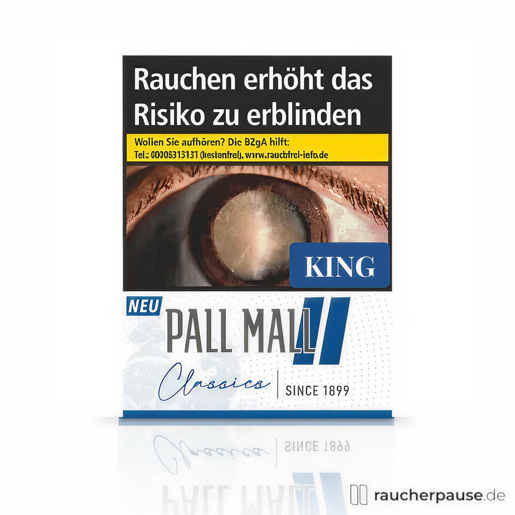 Pall Mall Classics Blue Zigaretten King, 41 Stück pro Schachtel, in quadratischer blau-weißer Verpackung mit blau-schwarzem Logo auf weißem Hintergrund.