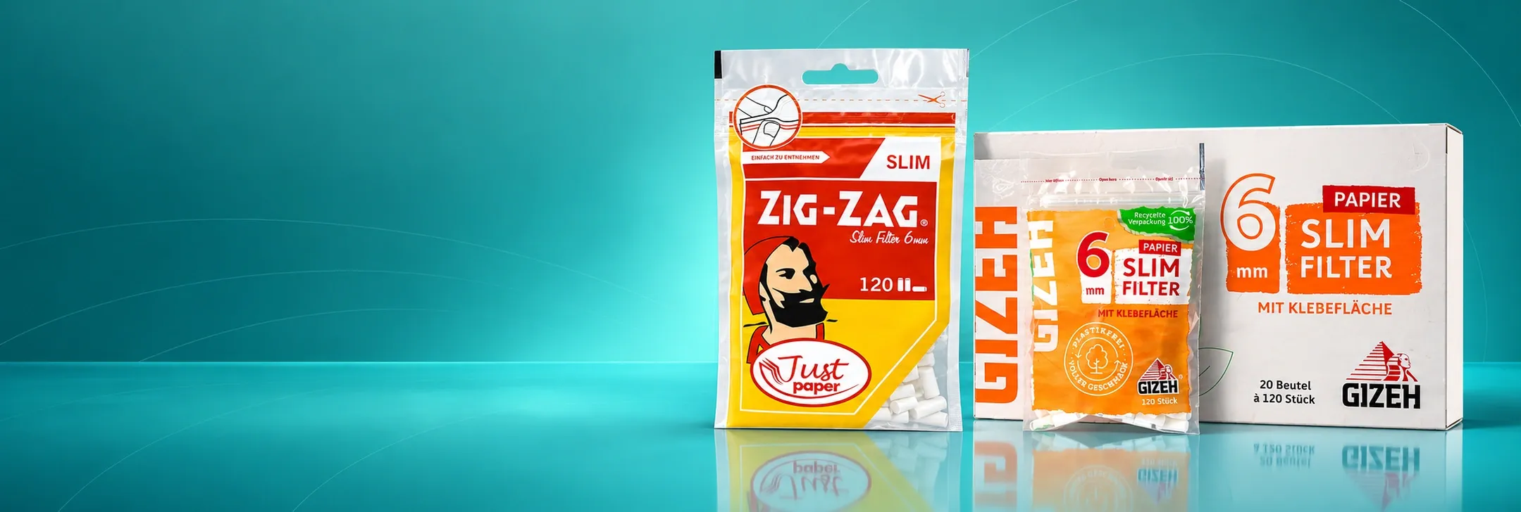 Zig-Zag Just Paper Slim Filter und GIZEH Papier Slim Filter auf türkisfarbenem Hintergrund