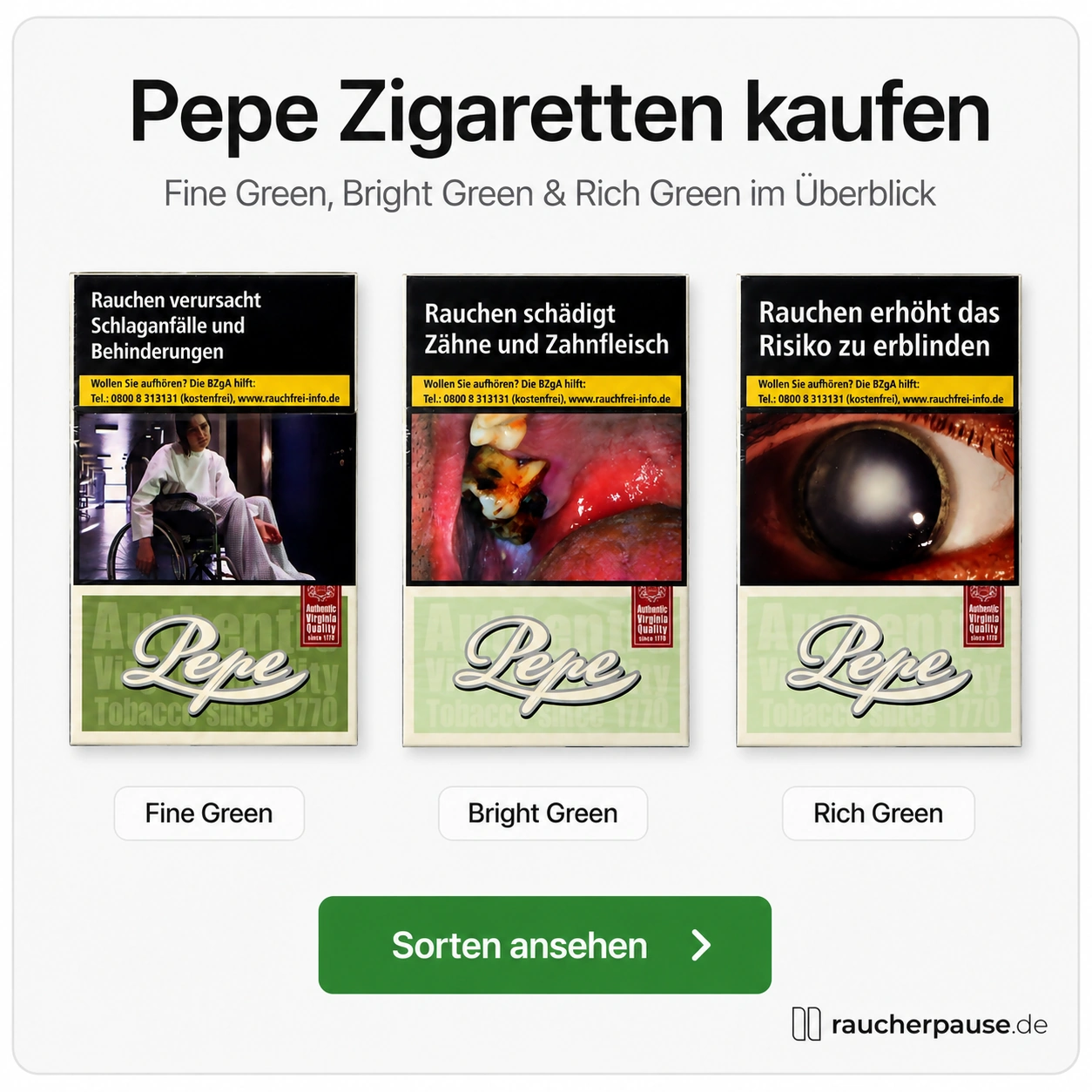 Pepe Zigaretten kaufen – Fine Green, Bright Green und Rich Green im Überblick