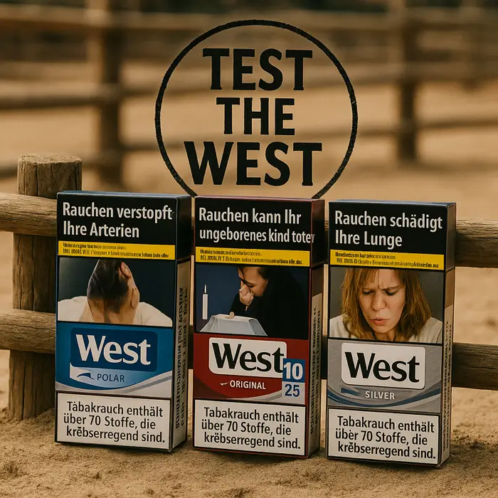 West Zigaretten Verpackungen mit Warnhinweisen, darunter West Polar, West Original und West Silver, vor dem Hintergrund des Slogans „TEST THE WEST“.