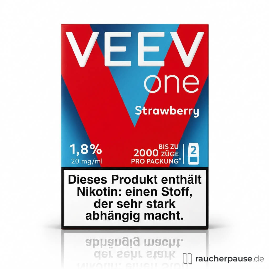 VEEV One Pod Strawberry, 20 mg/ml Nikotin, 2 Pods, Erdbeere in einer auffälligen roten und blauen Box mit großem Logo.