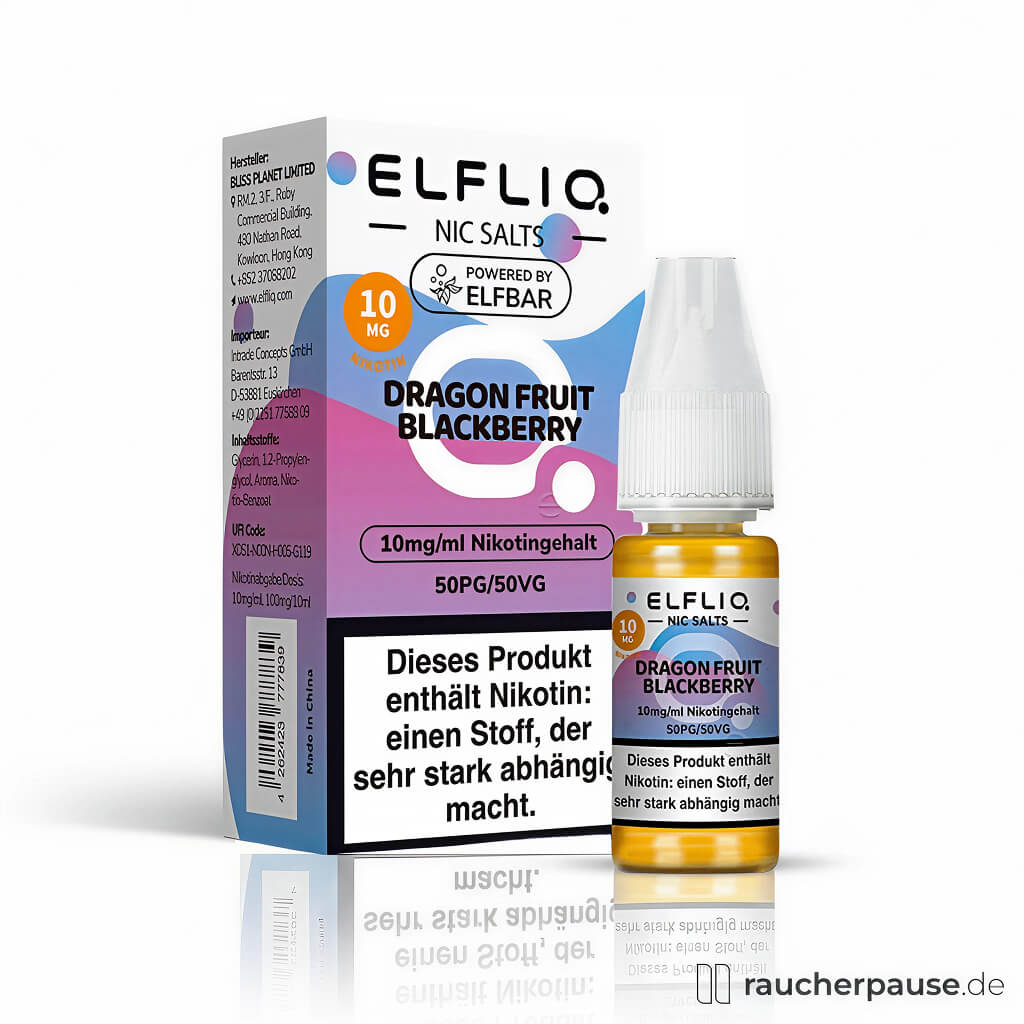 Elfliq by Elfbar Dragon Fruit Blackberry Nikotinsalz Liquid 10ml 10mg/ml in blau-lila Dose mit weißem Deckel und stilisiertem 'Q'-Logo.