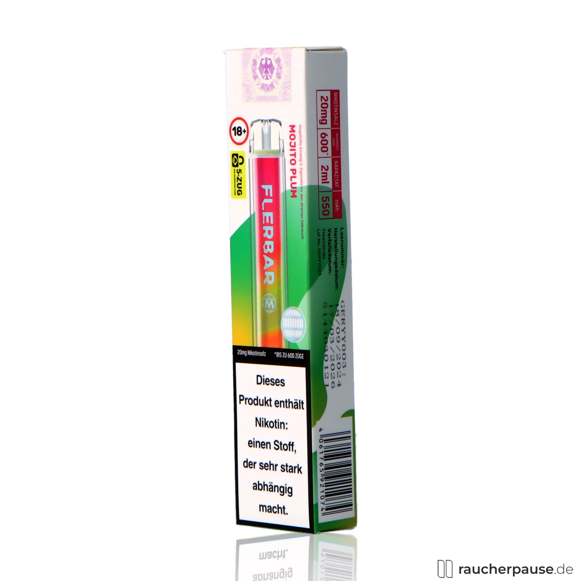 flerbar, flerbar einweg vape mojito plum zuege ml nikotin mojito pflaume , packshot seitlich