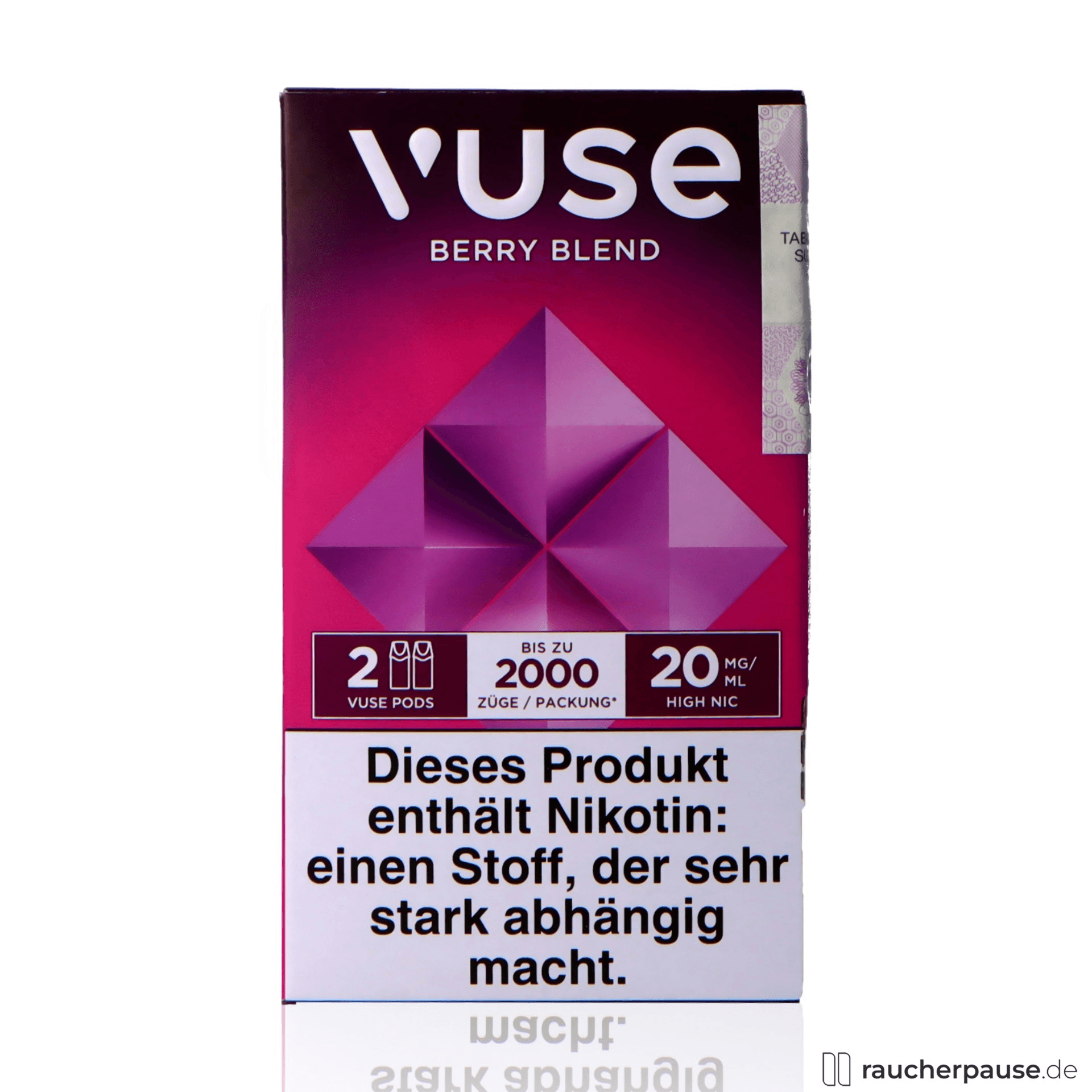 Vuse Pods Berry Blend, 20 mg/ml Nikotin, 2 Pods in moderner lilafarbener Verpackung mit minimalistischem Logo und neuem Pod-Symbol.