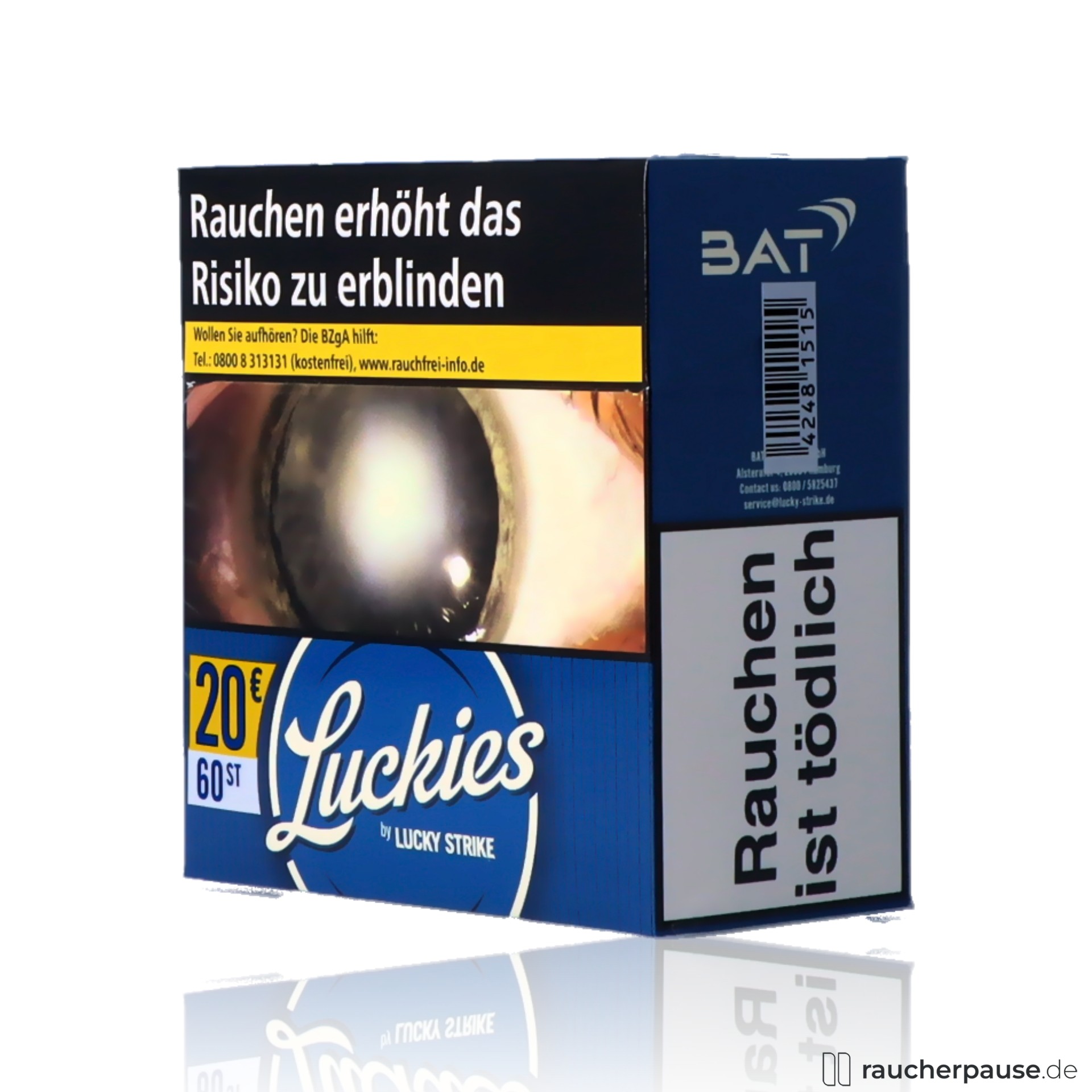Blau verpackte Dose mit gelb-weißem Luckies-Logo und stilisiertem Schriftzug 'Luckies by Lucky Strike' - Luckies Crafted 1871 Blue Hercules Zigaretten, 60 Stk. pro Packung, American Blend.