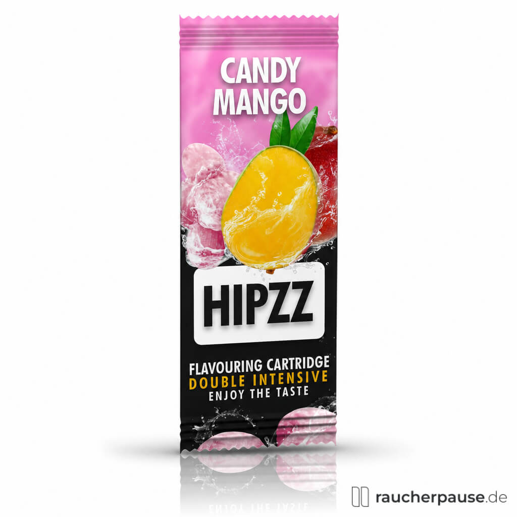 Die Hipzz Aromakarte Candy Mango in ihrer auffälligen, schwarz-pinkfarbenen Verpackung mit modernem Logo in Weiß und Schwarz.