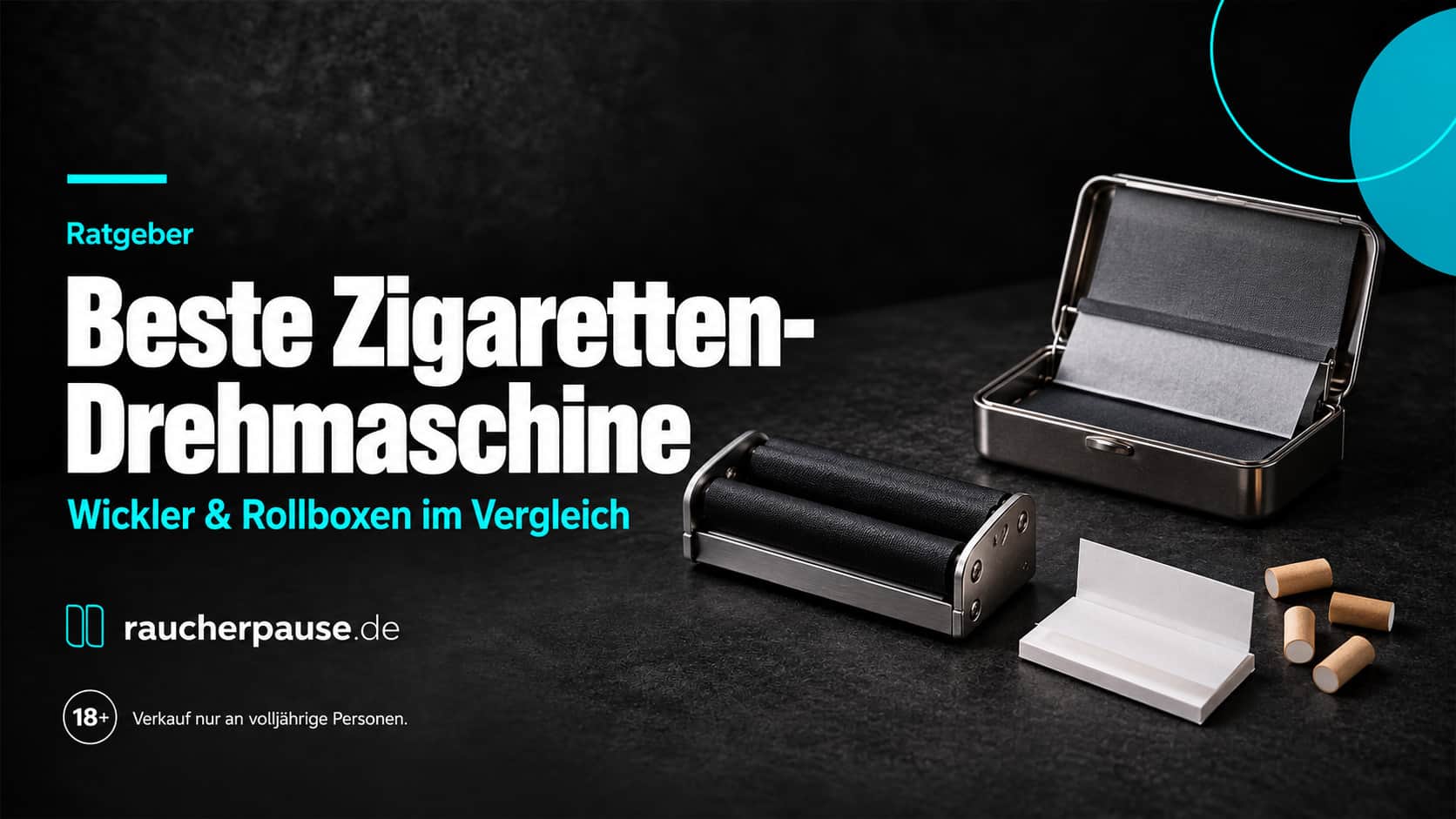 Manueller Zigarettenwickler und offene Rollbox mit Blättchen und Filtern auf dunklem Untergrund.