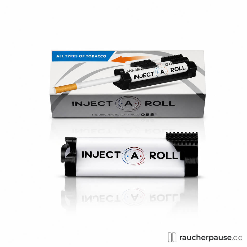 OCB Inject-A-Roll Verpackung in grau und schwarz mit rotem und blauem Logo, enthaltend den langen und schmalen Rollenautomaten für Zigaretten.