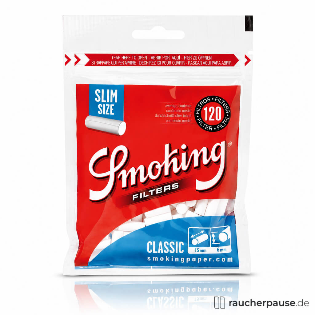 Smoking Classic Slim Filter, 120 Stück, in transparenter Tüte mit roter und blau-weißer Schablone und weißem Logo auf rotem Hintergrund.