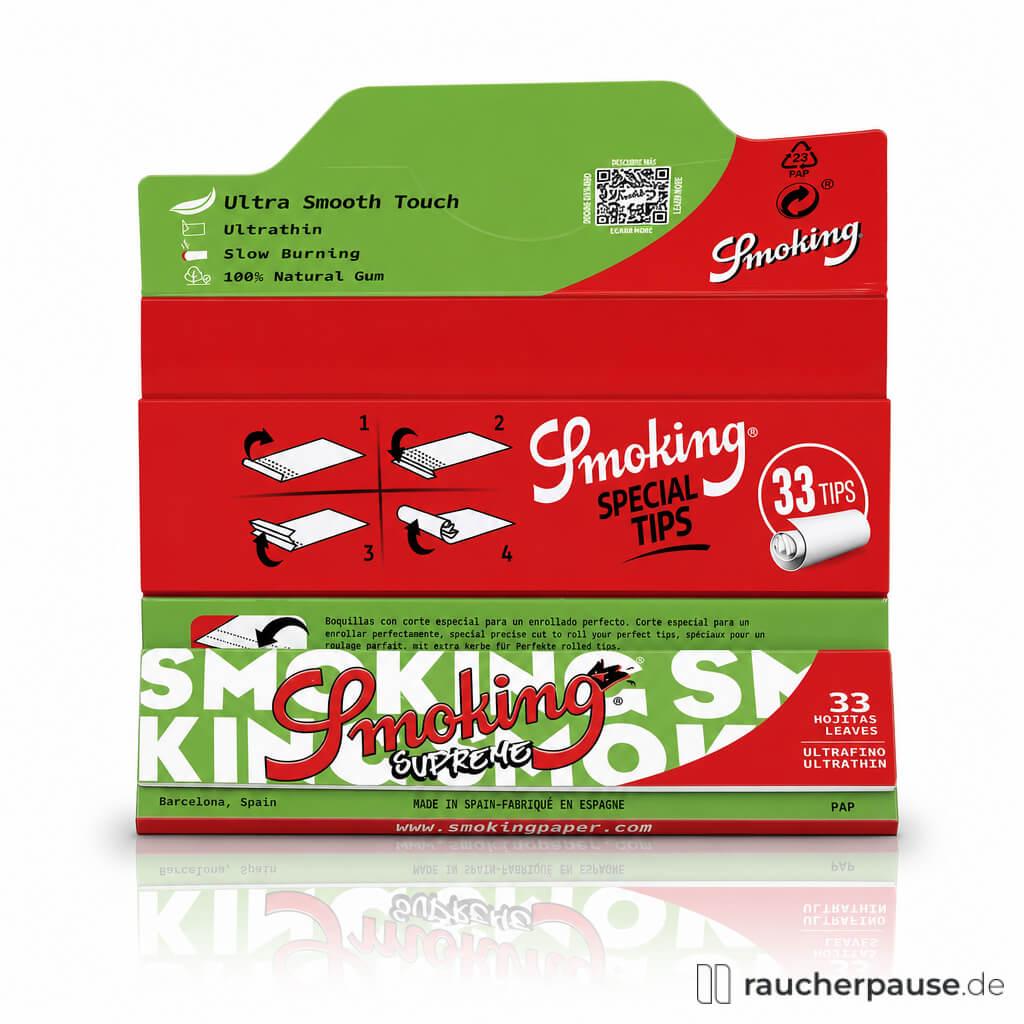 Smoking Supreme King Size Zigarettenpapier mit Tips in roter und grüner Dose mit stilisiertem Logo auf der Verpackung.