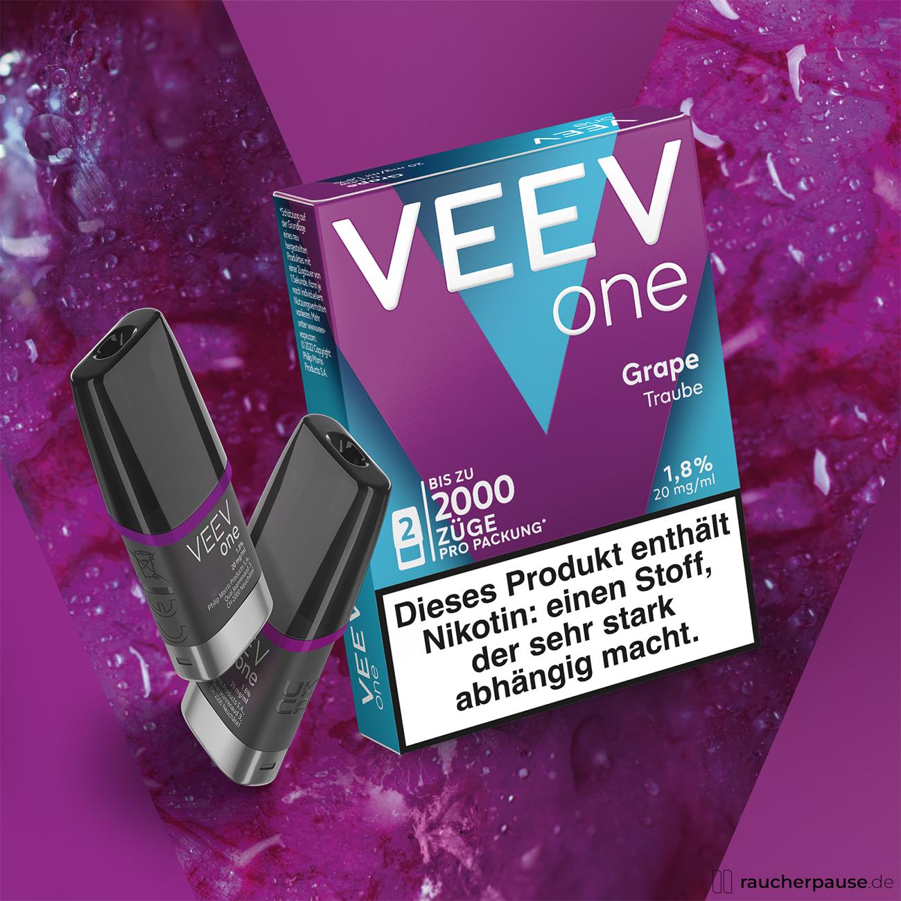 VEEV One Pod Grape, 20 mg/ml Nikotin, 1 Pod, Limitierte Edition, Traube in violettblauer Box mit Logo und zwei passenden E-Zigaretten.