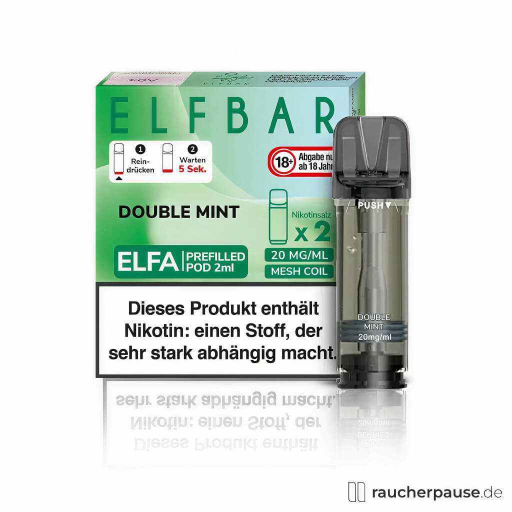 Elfbar ELFA Double Mint Pods 20mg/ml in grüner Box mit ELF BAR Logo und 2ml Einzelstück