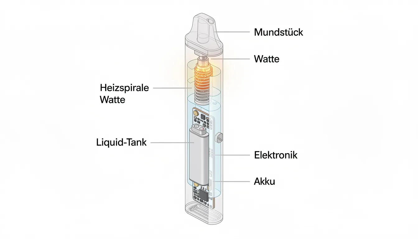Das Bild zeigt den Aufbau einer Einweg Vape, konkret das Modell Elf Bar 600 v2. Zu sehen sind die verschiedenen Komponenten wie der Akku, der Tank und die Aromafüllung, die zusammen ein Dampferlebnis mit einer Auswahl an Geschmacksrichtungen ermöglichen.
