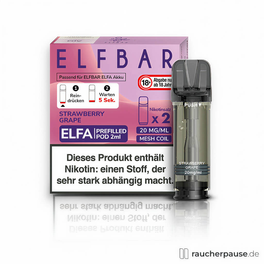 Elf Bar Elfa Prefilled Pods Strawberry Grape 20mg/ml Nikotin 2x2ml in lila-weißer Box mit großem ELFBAR-Logo und zwei E-Zigarettenpod-Modulen.