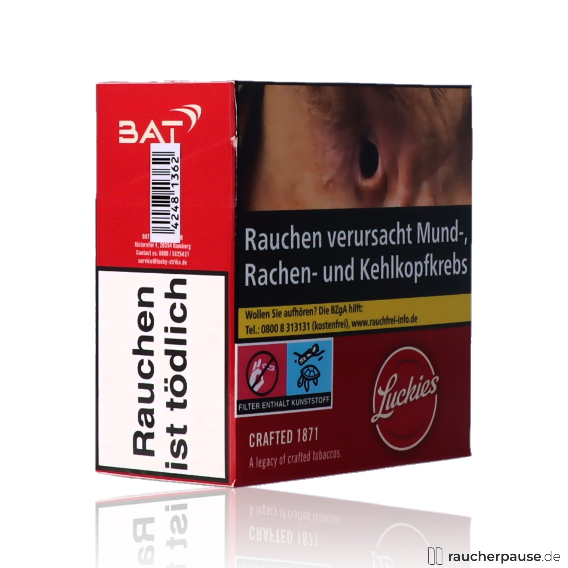 Die Luckies Crafted 1871 Red Hercules Zigaretten, 60 Stk. pro Packung, American Blend, in einer quadratischen Dose mit roter Dominanz und weißem BAT-Logo.