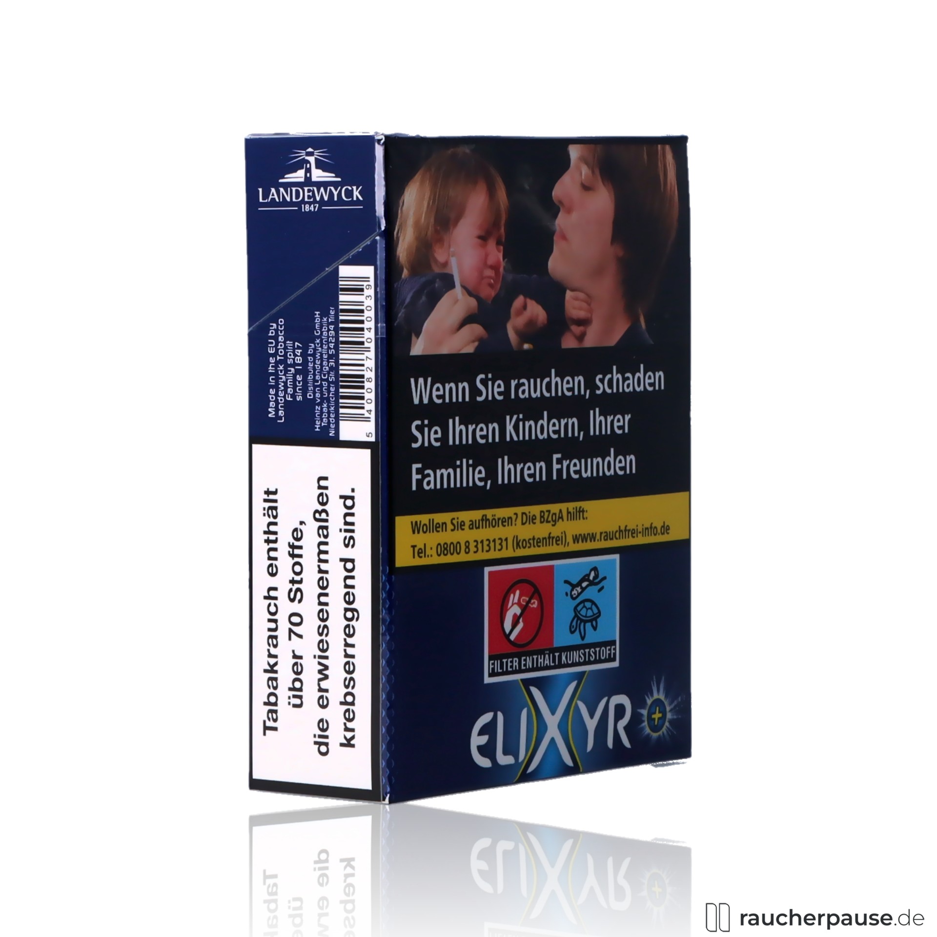Elixyr+ X-Type Zigaretten, 25 Stk. pro Packung, King-Size mit Flow-Filter in stilisierter Zigarettenbox mit dunkelblauem Design und Logo 'LANDEWYCK 1847' auf blauem Hintergrund.