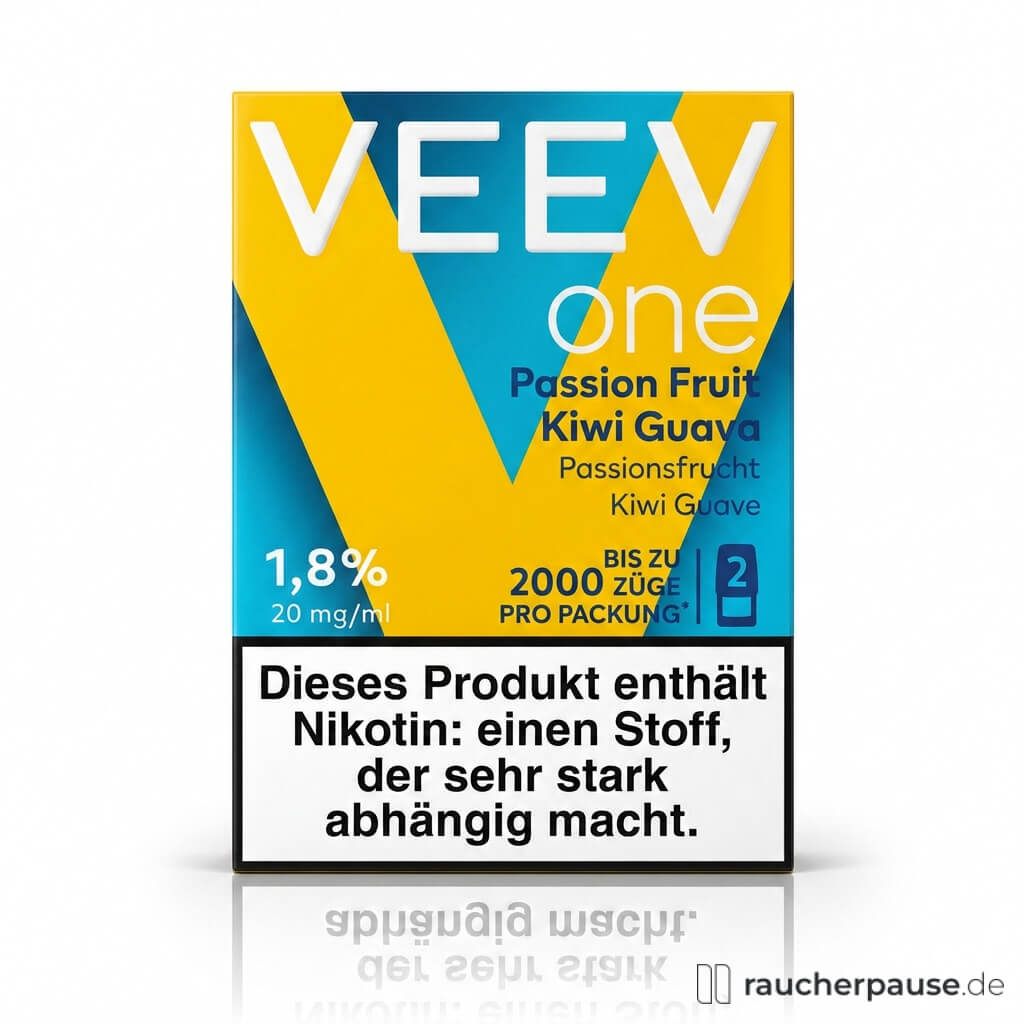 VEEV One Pod Passion Fruit Kiwi Guava, 20 mg/ml Nikotin, Limitierte Edition in blauer und gelber Box mit modernem Logo und großem "V" in der Mitte.