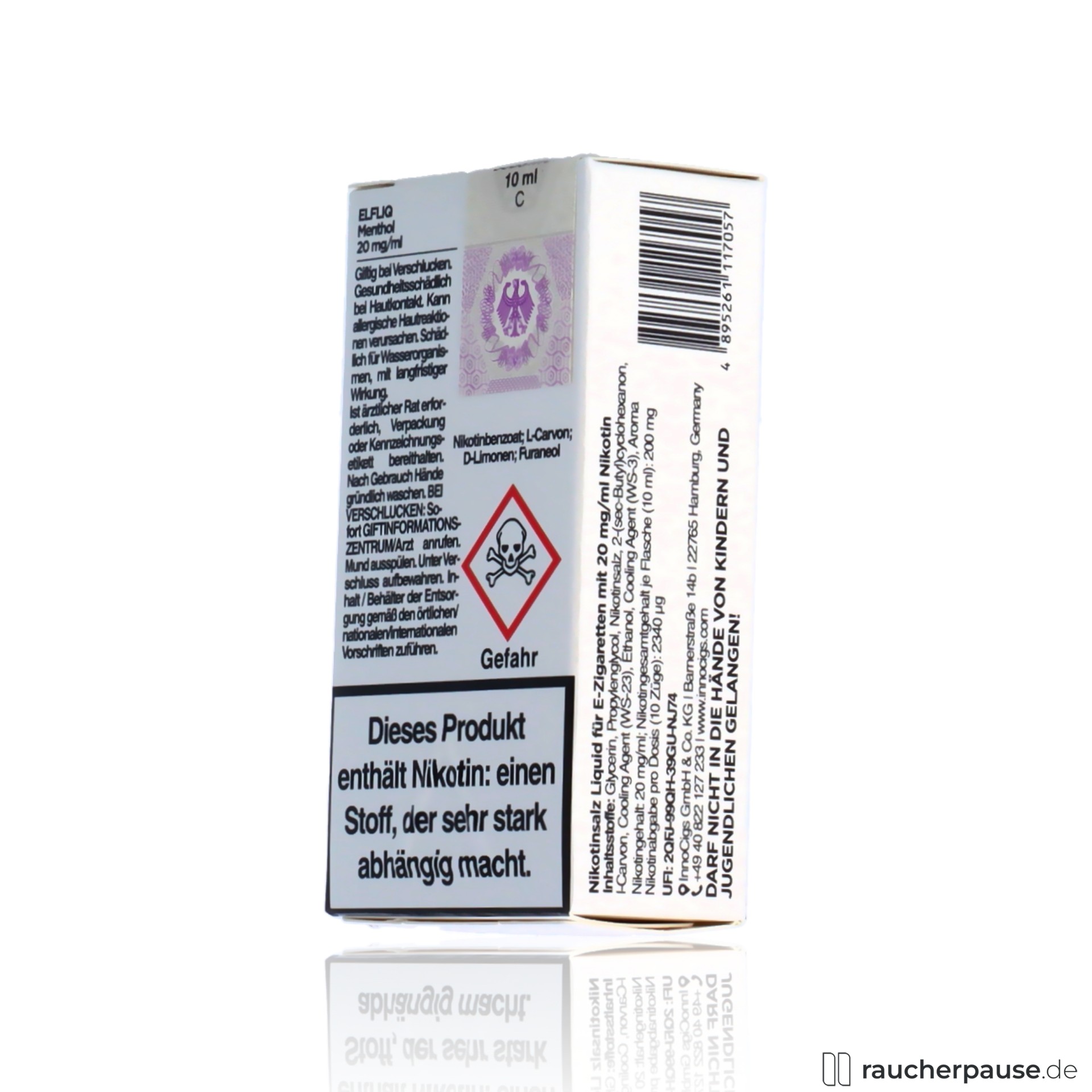 ELFBAR ELFLIQ Menthol Liquid 20mg Nikotinsalz 10ml für E-Zigaretten in weißer Dose mit pastellfarbenem Logo auf weißem Hintergrund und schwarzer Schrift.