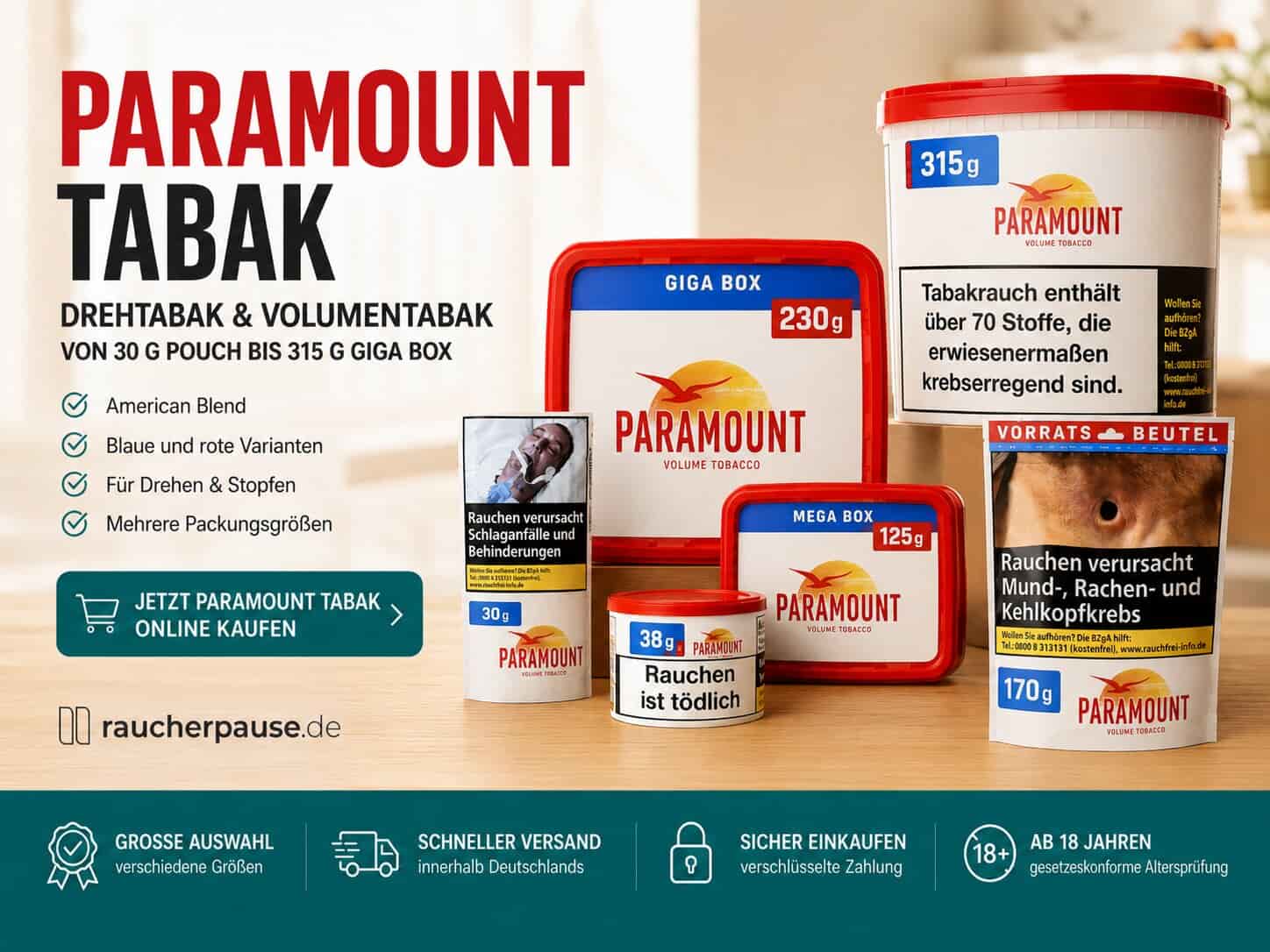Paramount Tabak Sortiment mit Drehtabak, Volumentabak, Giga Box, Mega Box, Vorratsbeutel und Titan Box