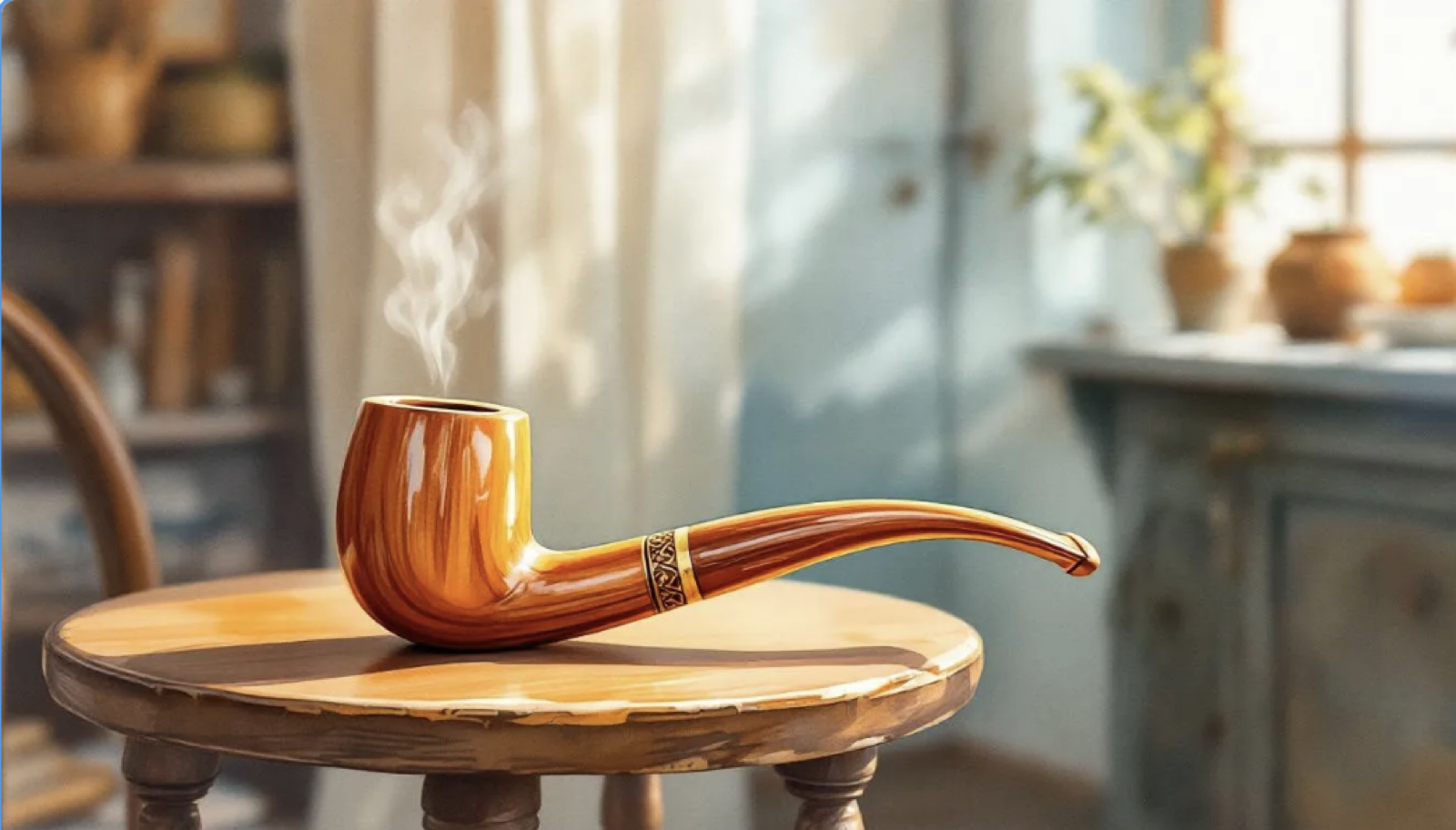 Karikatur einer rauchenden Pfeife auf einem Holztisch 