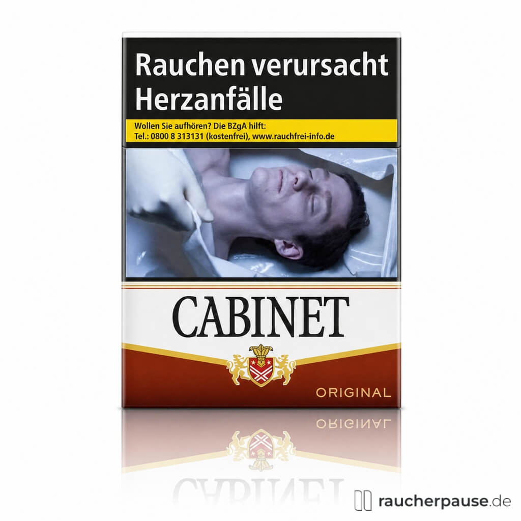 Cabinet Original Jumbo Zigaretten, 40 Stk. pro Packung, ohne Zusatzstoffe in quadratischer, glänzender Dose mit rotem, weißem und goldenem Design.