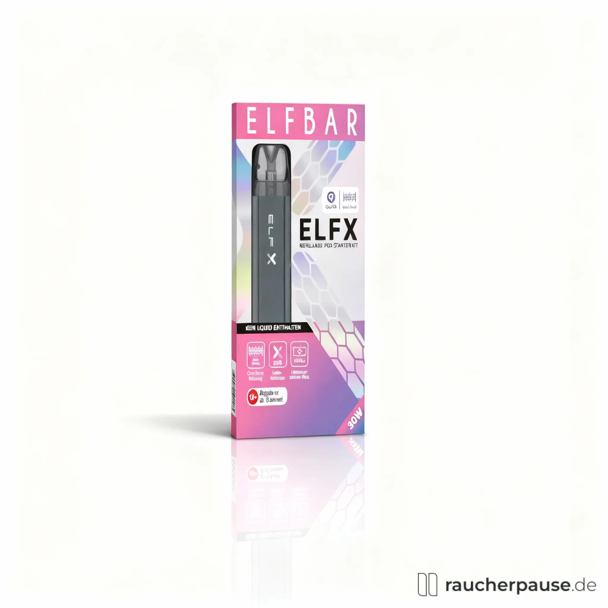 ELFBAR ELFX E-Zigarette Set Schwarz in pink-grauer Box mit transparentem Vordergrund und weißen Logo-Buchstaben, 1000 mAh Akku, Dual Mesh Pods und 30W Leistung.