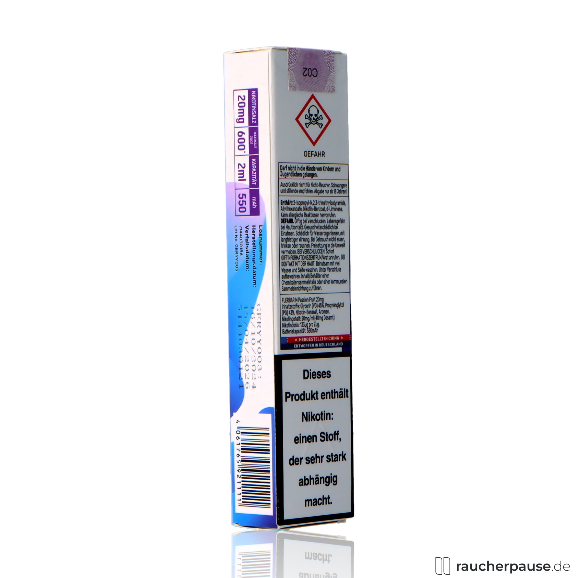 flerbar, flerbar einweg vape passion fruit zuege ml nikotin passionsfrucht , packshot seitlich