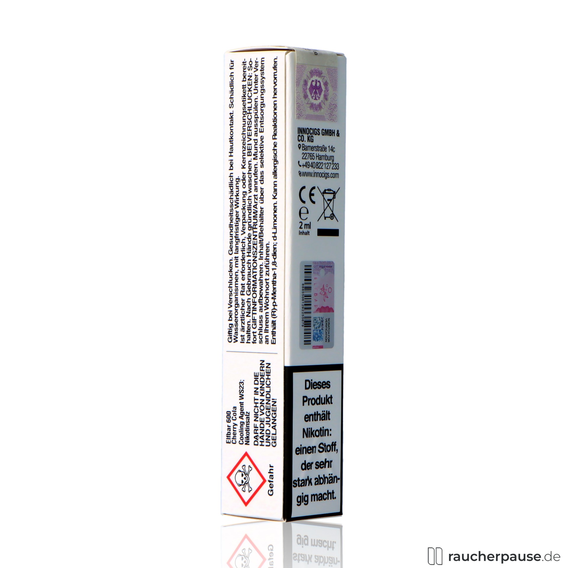 elfbar, elfbar e shisha cherry cola ml nikotin einweg e zigarette kirsche cola, packshot seitlich