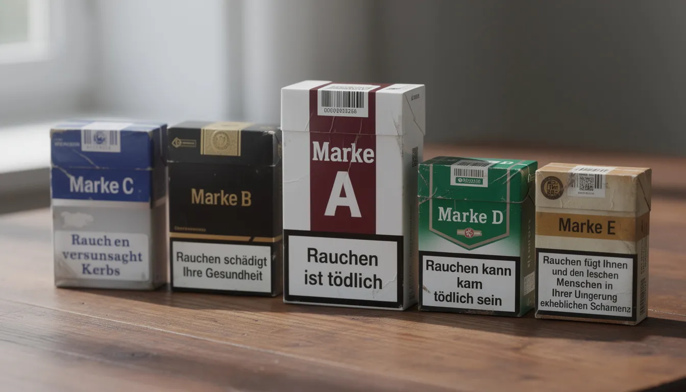 Auf dem Tisch liegen verschiedene Zigarettenpackungen unterschiedlicher Marken wie Marlboro, Pall Mall und Chesterfield nebeneinander. Die Packungen variieren in Größe und Format, was einen Vergleich der Zigarettenpreise und Sorten ermöglicht.